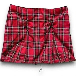 Vintage Deadstock Red & Black Plaid Mini Skirt Lace Up Pleated 11 USA Y2K‎ Punk